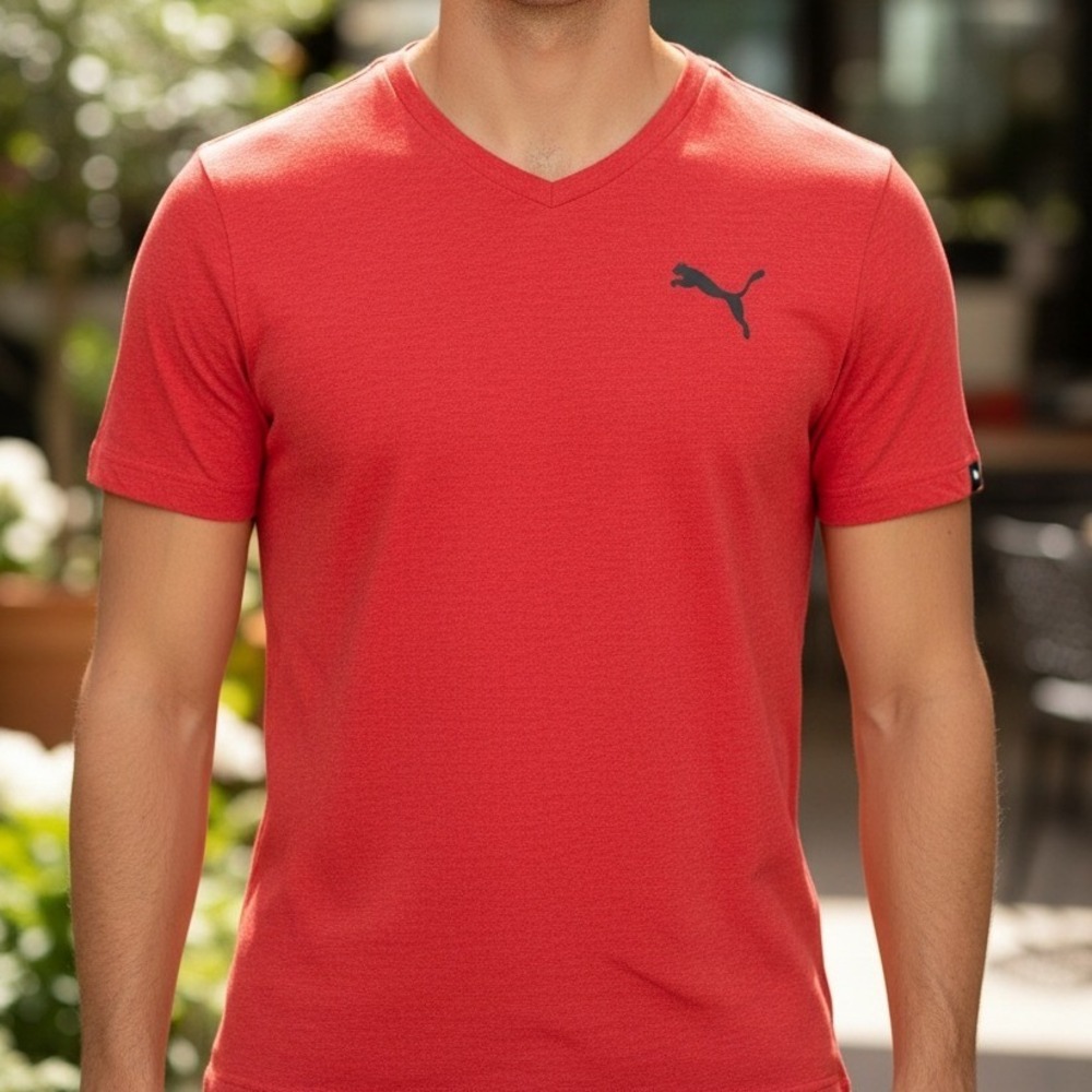 Puma Mens V-Neck Short Sleeve T-Shirt Red Heather‎ Keeps You Dry Performance Tee